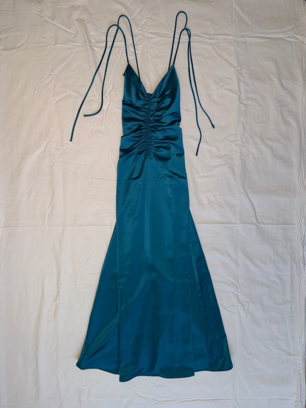Jason Wu Teal Satin Ruched Midi Dress | Open Back | NWT